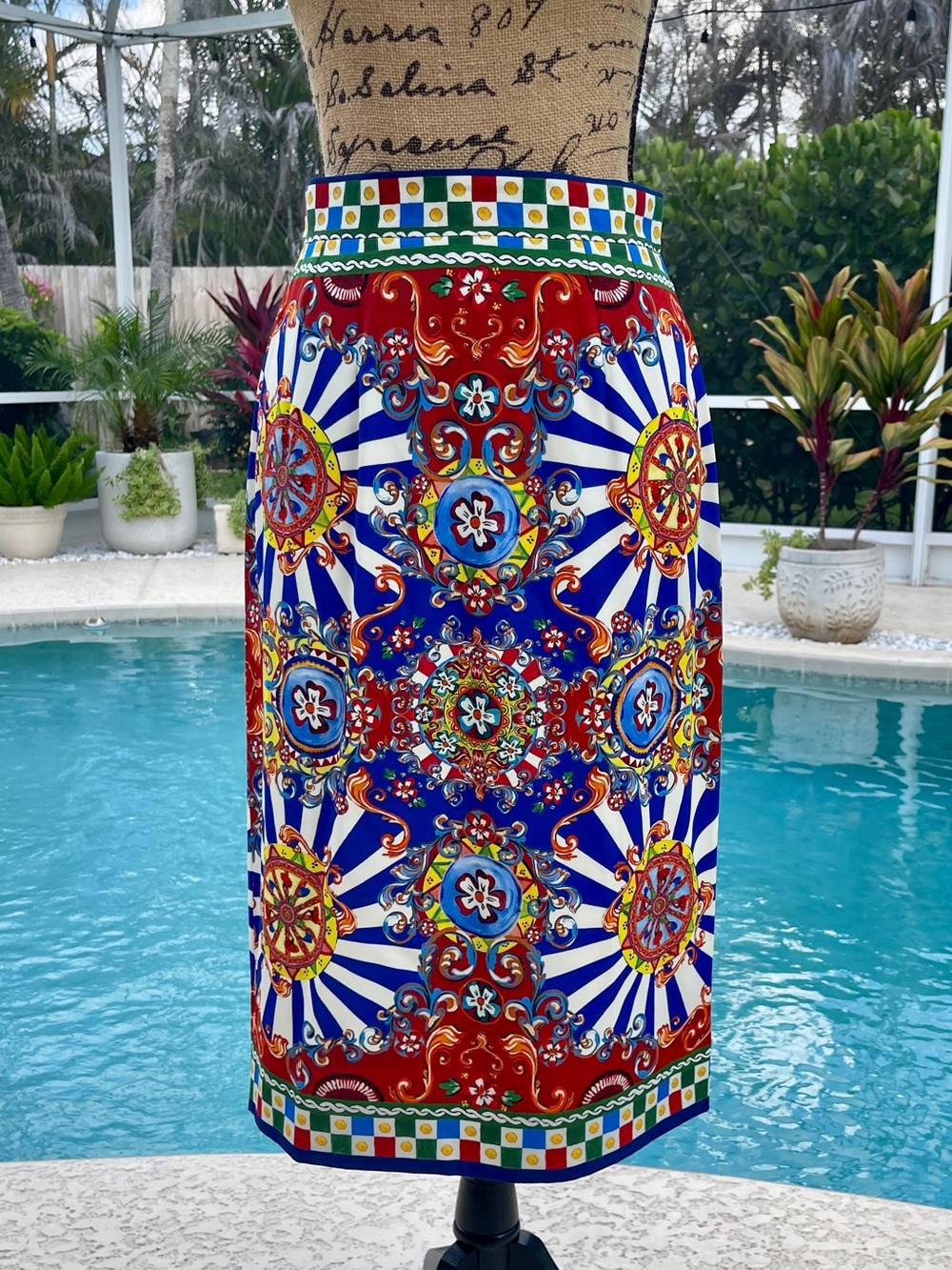 Dolce & Gabbana siciliano carretto Red, Blue & Yellow Printed Midi Skirt